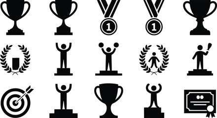 A set of black glyph icons representing victory triumph and various achievement awards on white