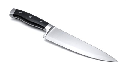 A chef's knife, angled to show the full blade with a black and silver handle on a pure white background