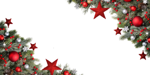 Close-up of festive Christmas decorations featuring red stars, baubles, and pine branches against a white background. Perfect for holiday themes and seasonal celebrations.