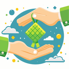 Hands presenting green object against blue circle vector illustration