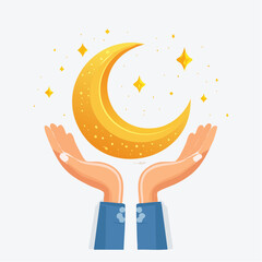 Hands holding golden crescent moon with stars against white background