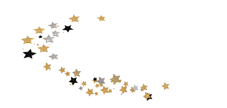Abstract image featuring scattered gold, black, and silver star shapes on a white background, ideal for festive, celebratory, or decorative contexts. - Powered by Adobe
