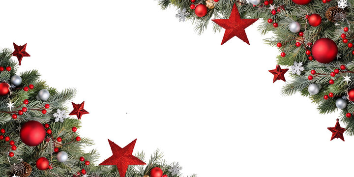 Close-up of festive Christmas decorations featuring red stars, baubles, and pine branches against a white background. Perfect for holiday themes and seasonal celebrations.