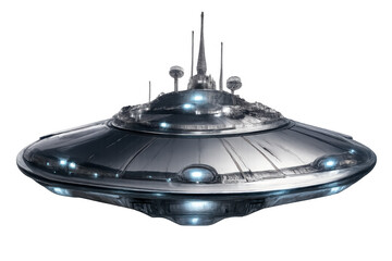 Ufo flying saucer spaceship showing alien technology and sci-fi future travel, chrome metallic vehicle with glowing lights, transparent background