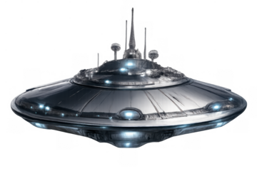 Ufo flying saucer spaceship showing alien technology and sci-fi future travel, chrome metallic vehicle with glowing lights, transparent background