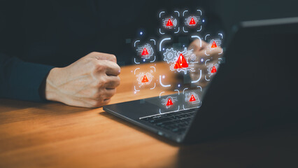 Frustrated user with clenched fists facing AI system errors and cybersecurity alerts on a laptop. Red warning icons represent tech failure, data risks, and software glitches.