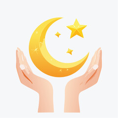 Hands holding crescent moon and stars vector illustration for design