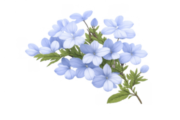 Plumbago auriculata blue leadwort flowers with green leaves creating a floral bouquet, transparent background