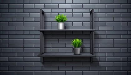 Modern industrial shelf with potted plants on dark gray brick wall