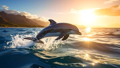 Obraz premium A playful dolphin leaps from ocean waves at sunset with a background of island, water, and sun