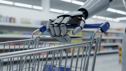 Futuristic robotic hand pushing a shopping cart in a brightly lit supermarket. Automation and AI retail concept.