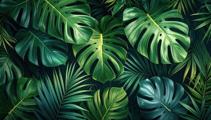 Fototapeta premium Lush Tropical Foliage - A Vibrant Tapestry of Green Leaves.