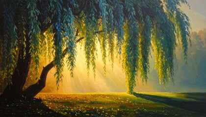 Obraz premium Enchanting Willow Tree Painting with Golden Light and Serene Landscape.