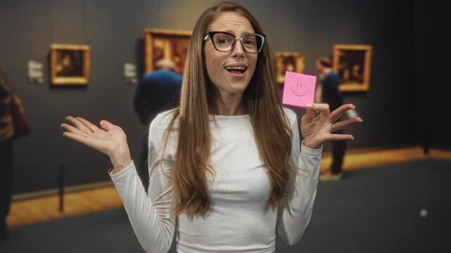 Woman holding a pink sticky note with a smiley and shrugging with open mouth in art gallery while wearing glasses and white shirt; surprise curiosity.