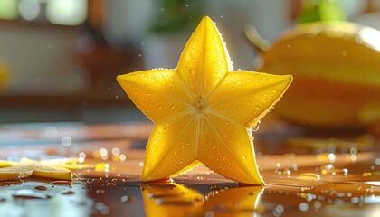 Star Fruit Slice on a Wet Surface - A Tropical Delight.