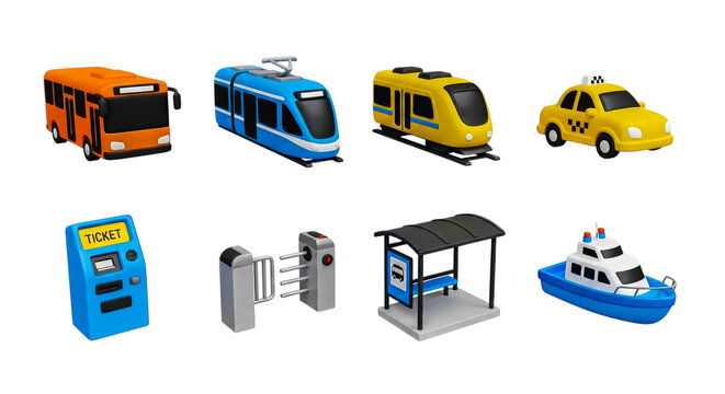3D illustration of toy transport models including bus, train, taxi, and ferry on a station platform.