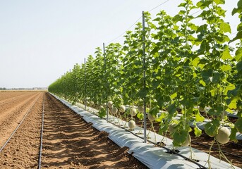 Extreme wide shot of a vast melon field with tall trellis structures, showcasing the boundary between cultivated rows and prepared brown soil.