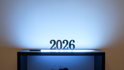 Numbers 2026 on display in a spotlight on a blue background stage
