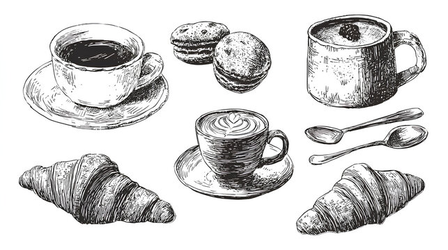 Breakfast or brunch with coffee and croissant doodle vector illustrations, chalk charcoal drawing style, minimalist line art for menu or cafe decor, stock vector on a white background