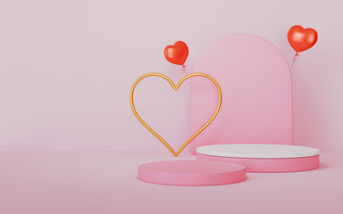 Happy valentines day and stage podium decorated with heart shape