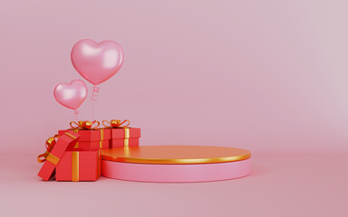 Podium product stand gift box gold ribbon and heart balloon