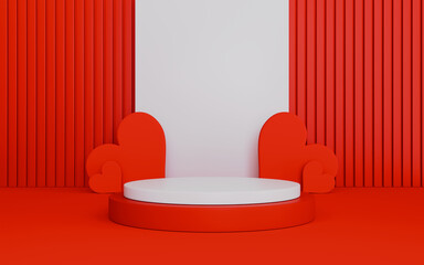 Valentine Day red white podium with neon heart and red geometric background