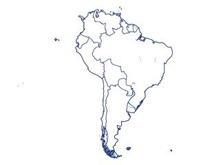 A simple outline of a continent with country borders, in shades of blue against a white background © Mangga