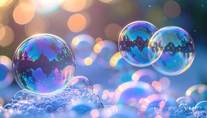 Iridescent Bubbles Floating in a Dreamy, Bokeh-Lit Environment.