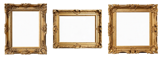 Three ornate golden picture frames with intricate designs, varying in size, showcasing classic and elegant decorative elements for artwork display.