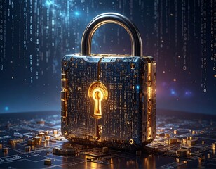 Metallic padlock with keyhole, glowing on a circuit board, binary code