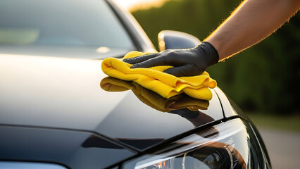 Meticulous Hand Polishing a Gleaming Black Car Hood with a Yellow Microfiber Cloth, Highlighting Professional Automotive Detailing and Care for a Pristine Finish