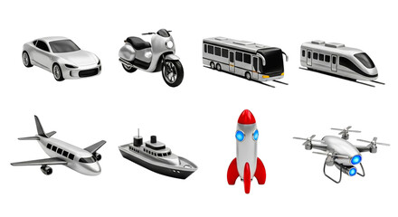 Assortment of modern vehicle models displayed on pedestals in a sleek futuristic setting