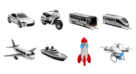 Assortment of modern vehicle models displayed on pedestals in a sleek futuristic setting