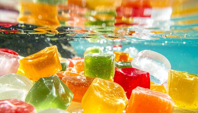 Close-up of colorful jelly candies submerged in water with ice cubes and bubbles, captured with a shallow depth of field and warm tones.