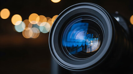 Professional Camera Lens Capturing the Vibrant Bokeh Lights, Showcasing Optical Precision and the Essence of Modern Photography Technology