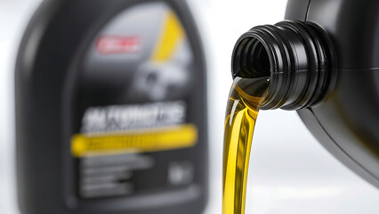 Close-up of golden engine oil steadily pouring from a black plastic bottle, illustrating essential automotive fluid maintenance and lubrication for vehicle performance