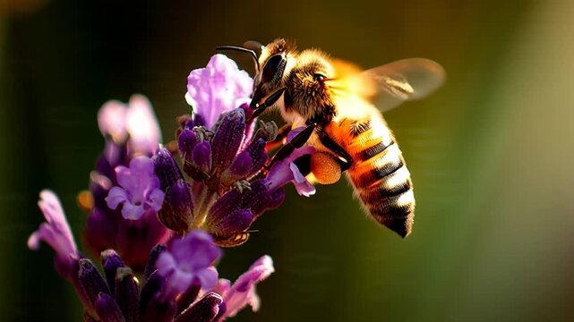 A bee pollinating a purple flower in a natural setting captured in macro 4K footage