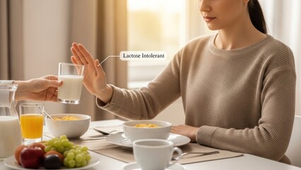 Woman rejecting milk due to lactose intolerance at breakfast table
