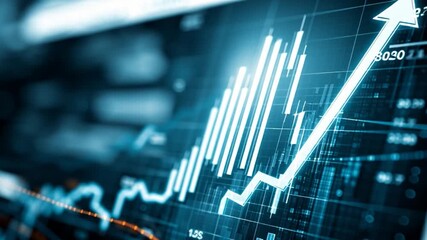 Animated 4K motion graphics of rising bar charts and graphs on a digital screen at 24fps - Powered by Adobe