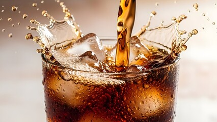 A glass of cola with ice being filled with a splash of liquid