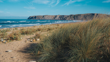 A picturesque coastal landscape of a wild beach in Asturias, Northern Spain.