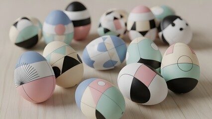 A collection of decorated Easter eggs with unique geometric patterns on a wooden surface