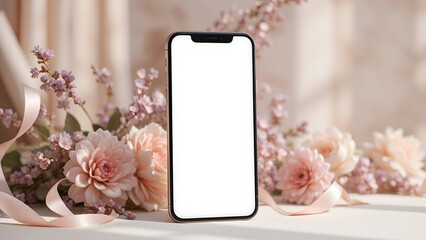 Smartphone Mockup with Pink Flowers and Ribbons, Romantic Floral Scene with Blank Screen for Wedding Planning or Mother's Day Mobile App