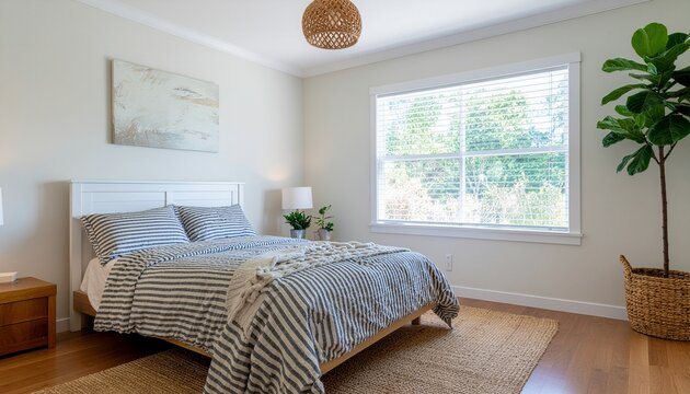 Bright modern bedroom interior with natural light and plants. Spring summer seasonal home decor concept for real estate and lifestyle.