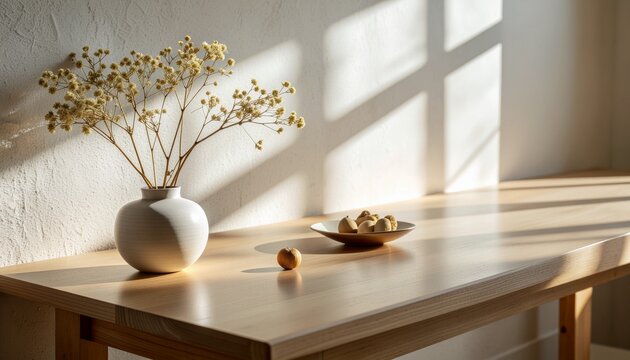 Cozy seasonal minimalist table with vase of dried flowers and sunlight shadows. Autumn home decor still life background.