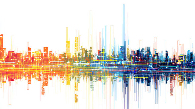 City technology and data network concept with programming coding systems and digital transformation theme, stock illustration on a white background - Powered by Adobe