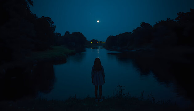 深夜の深い森の入り口に佇む女性のシルエット、月光に照らされた神秘的でシネマティックな風景イラスト