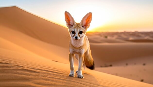 Fennec Fox Posing in the Desert at Sunset with Large Ears.