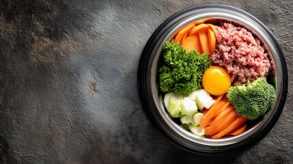 Raw Dog Food Bowl with Fresh Meat and Vegetables, Balanced Homemade Raw Diet for Dogs with Copy Space, Natural Dog Nutrition Concept with Raw Ingredients, Healthy Raw Pet Food