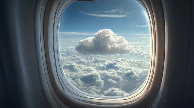 Cloud outside airplane window four airplane windows open blue sky view white cloud in shape